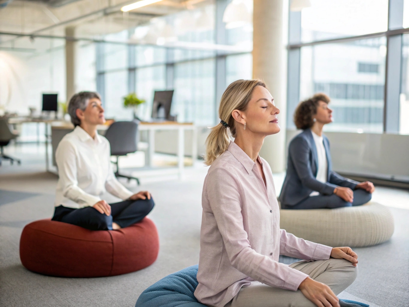 Kontorsmedarbetare deltar i en gruppmeditation